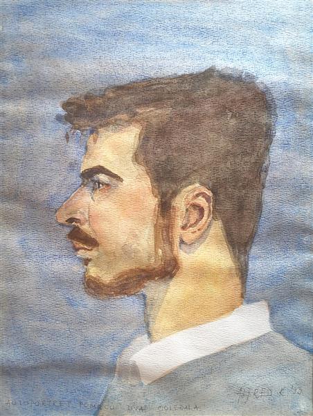 Profile self-portrait in watercolor painted using two mirrors (Painted the reflection of the reflection), 1993 - Alfred Freddy Krupa