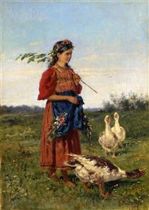A girl with geese - Wladimir Jegorowitsch Makowski