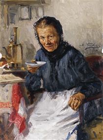 An old woman drinking tea - Vladímir Makovski