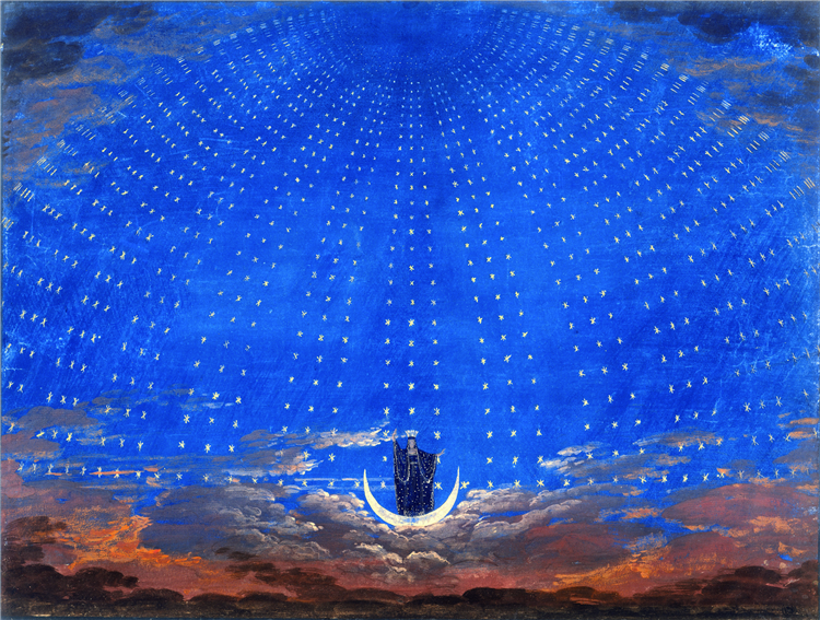 Stage design of Mozart's opera "Magic Flute" entitled "The Starry Hall of the Queen of the Night", c.1815 - Karl Friedrich Schinkel