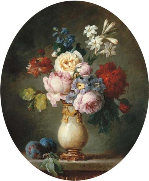 A Vase of Flowers and Two Plums on a Marble Tabletop, 1781 - Anne Vallayer-Coster