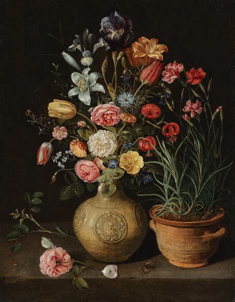Roses, Lilies, An Iris and Other Flowers in An Earthenware Vase, with a Pot of Carnations and a Butterfly on a Ledge, 1612 - Клара Петерс