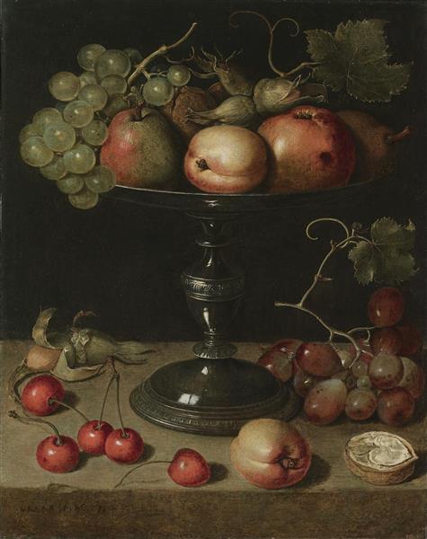 Still Life with Pears, An Apple, An Apricot, Almonds and Walnuts on a Tazza with Grapes, a Walnut, An Apricot, Cherries and Almonds on a Stone Ledge - Клара Петерс