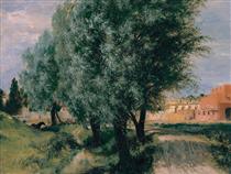 Building Site with Willows - Adolph Menzel