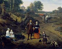 Portrait of a couple with two children and a nursemaid in a landscape (detail) - Adriaen van de Velde