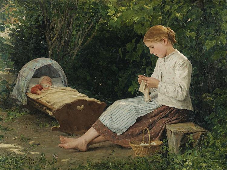 Knitting Girl Watching the Toddler in a Craddle, 1885 - Альберт Анкер