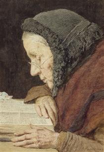 Elderly woman reading the Bible - Альберт Анкер