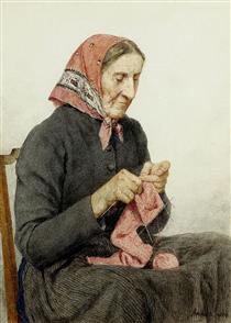 Seated peasant woman knitting - Albrecht Anker