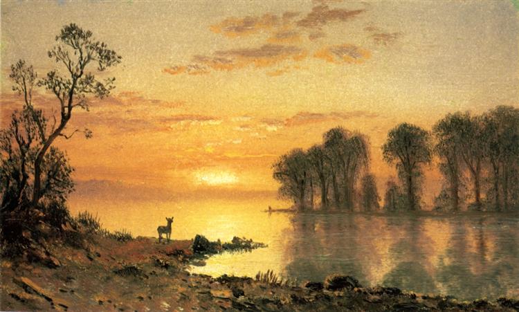 Sunset, Deer, and River, c.1868 - Альберт Бирштадт