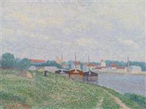 Three Barges Moored on the Outskirts of an Industrial Town - Альберт Дюбуа-Пилле