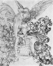 Coat of arms with open man behind - Albrecht Dürer