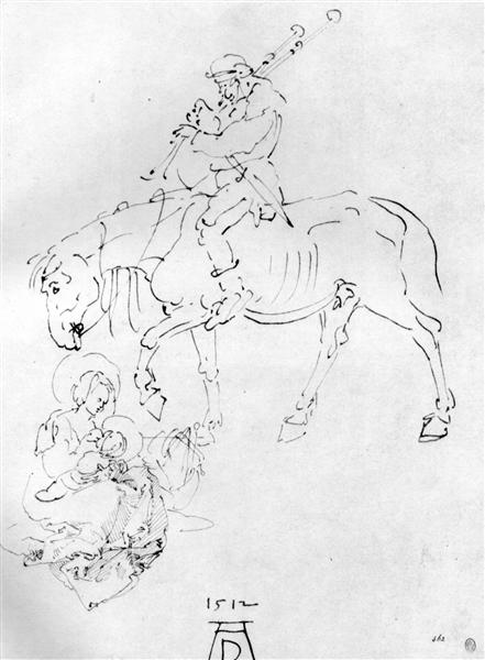 Мадонна с младенцем и волынщики, c.1512 - Альбрехт Дюрер