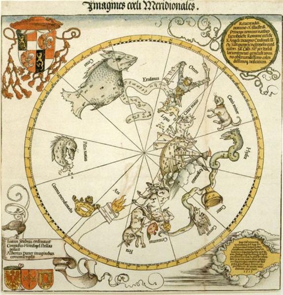 Map of the Southern Sky, with representations of constellations, decorated with the crest of Cardinal Lang von Wellenburg, and a dedication to him with his coats of arms and the Imperial copyright, 1515 - Alberto Durero