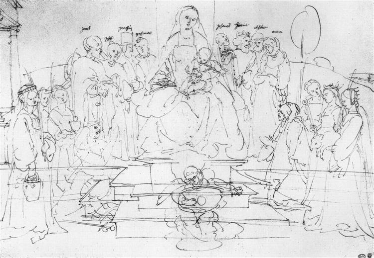 Studies on a great "picture of the Virgin"   Madonna and Child, saints and angels playing, 1521 - Albrecht Durer