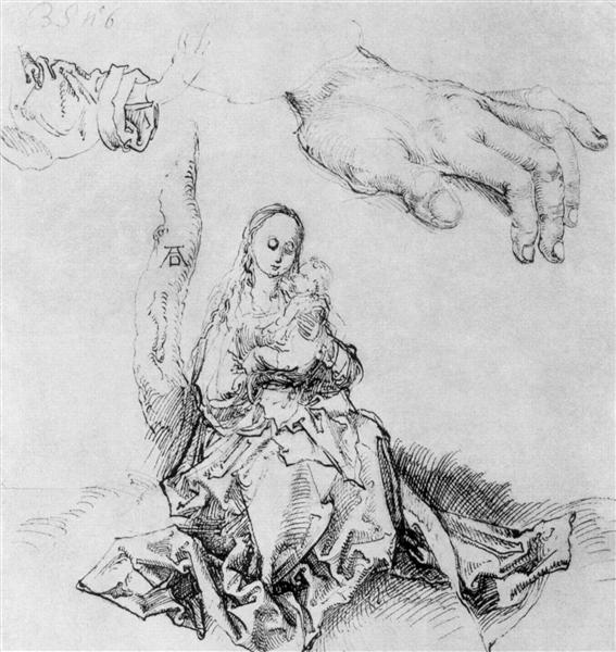 Study sheet with Madonna and child, hand and sleeve, 1490 - 1494 - Albrecht Durer