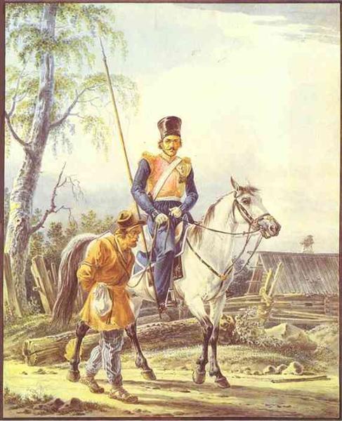 A Mounted Cossack Escorting a Peasant, c.1825 - Александр Орловский
