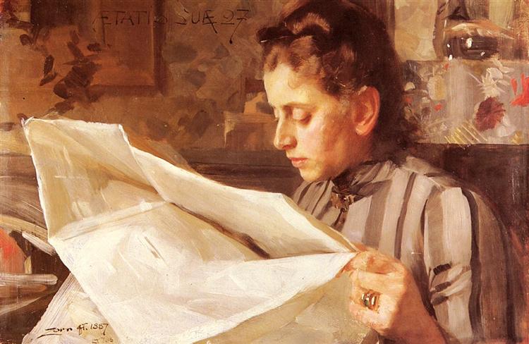 Emma Zorn, reading, 1887 - Андерс Цорн