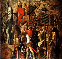 Captured statues and siege equipment, a representation of a captured City and inscriptions (Triumph of Caesar) - Andrea Mantegna