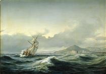 Seascape with sailing ship in rough sea - Anton Melbye