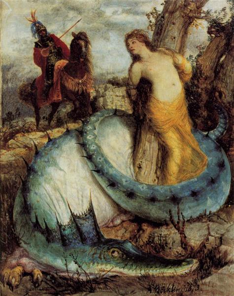 Angelika, guarded by a dragon (Angelica and Ruggiero), c.1872 - Арнольд Бёклин