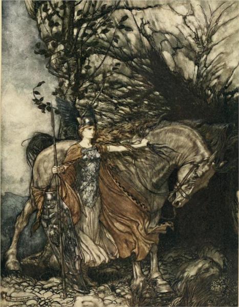Brünnhilde with her horse, at the mouth of the cave - Arthur Rackham
