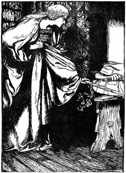 Isolde discovers the notch in the sword of Tristan - Arthur Rackham