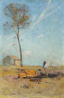 The Selector's Hut (Whelan on the Log) - Arthur Ernest Streeton
