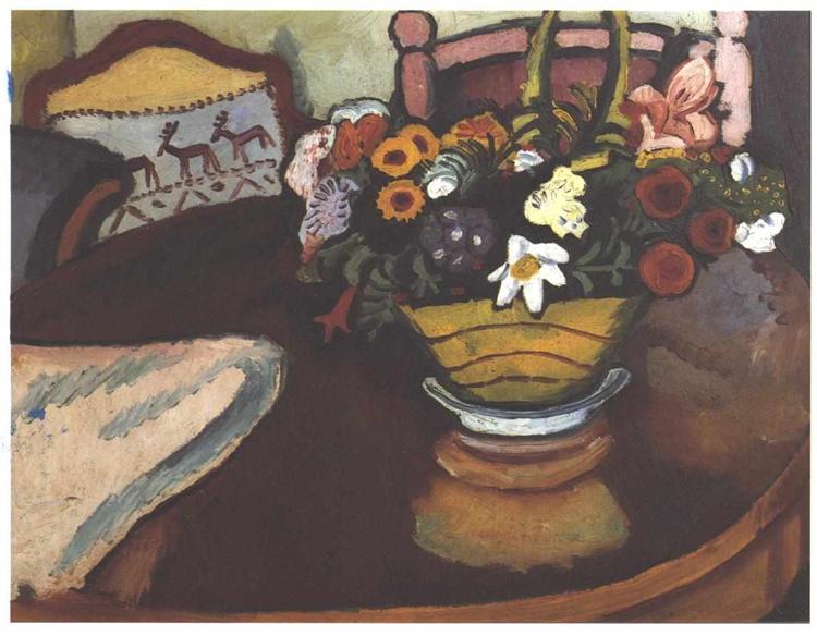 Still life with pillow with deer décor and a bouquet, 1911 - Август Маке