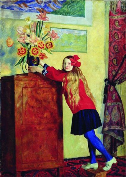 Girl with flowers, 1917 - Борис Кустодієв
