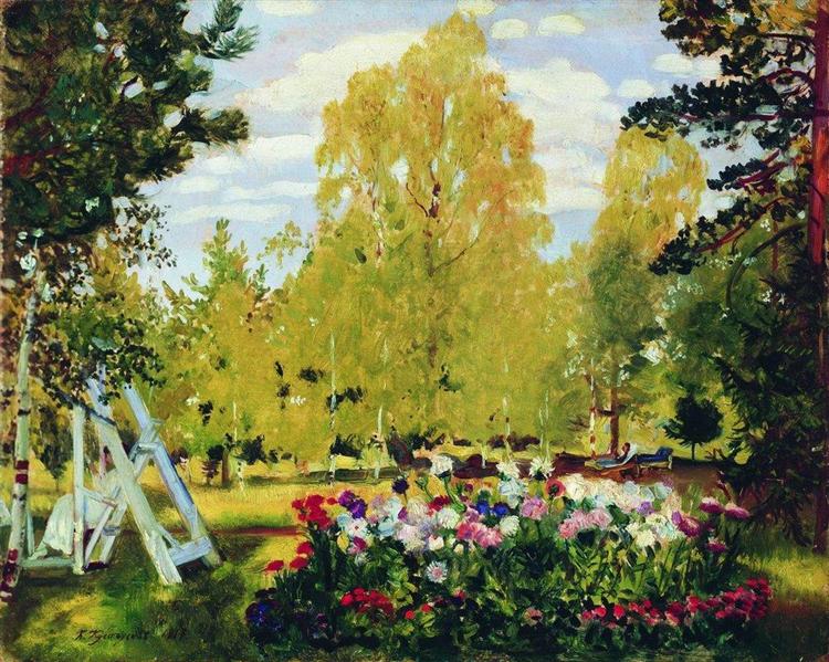 Пейзаж с цветочной клумбой, 1917 - Борис Кустодиев