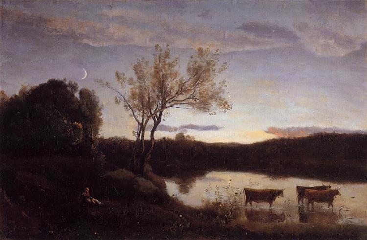 A Pond with three Cows and a Crescent Moon, c.1850 - Каміль Коро