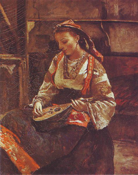 Italian Woman Sitting and Playing the Mandolin, 1865 - 1870 - 柯洛