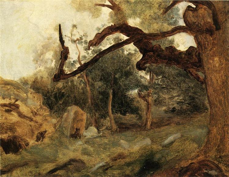 L Arbre Tordu, Les Chenes du Mont Usey, Fontainebleau, c.1850 - c.1855 - Каміль Коро