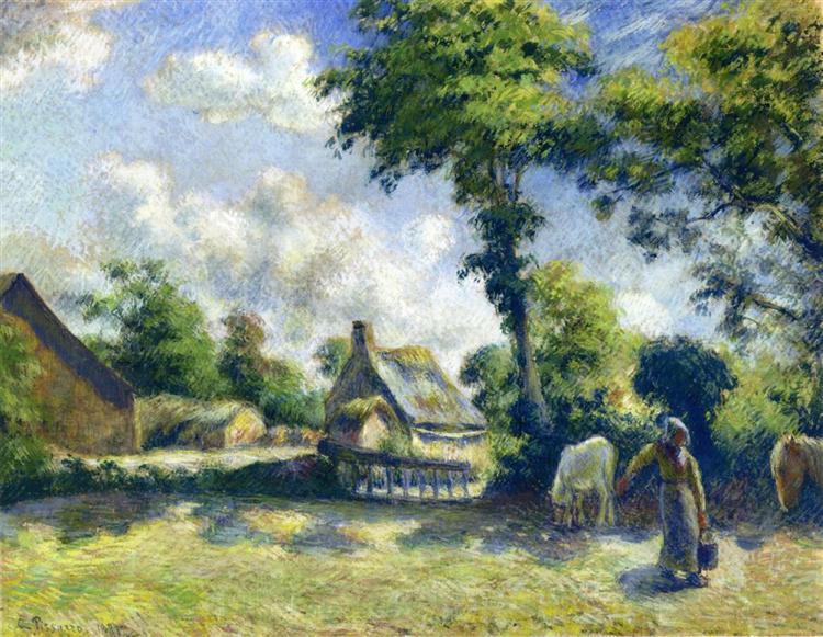 Landscape at Melleray, Woman Carrying Water to Horses, 1881 - Camille Pissarro