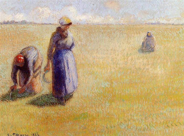 Three Women Cutting Grass, 1886 - Каміль Піссарро