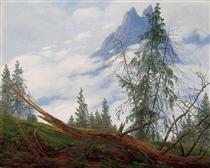 Hochgebirgsgipfel mit treibenden Wolken - Caspar David Friedrich