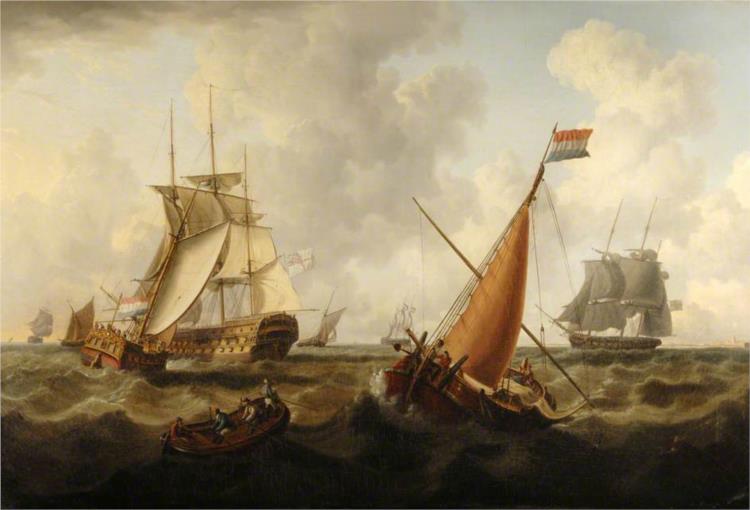 Dutch and British Men O' War off the Coast, Dutch Boat in the Foreground - Charles Martin Powell
