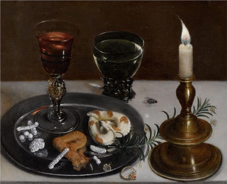 Stillleben mit Süßigkeiten, Rosmarin, Schmuck und brennender Kerze, 1607 - Clara Peeters