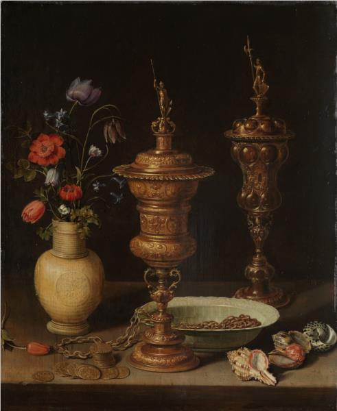 Натюрморт з квітами та золотими почесними кубками, 1612 - Клара Петерс