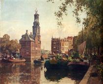 The Flowermarket On The Singel, Amsterdam, With The Munttoren Beyond - Cornelis Vreedenburgh