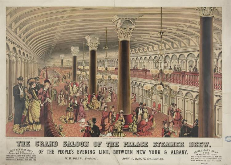Grand saloon of Hudson River steamboat Drew, 1878 - Currier and Ives