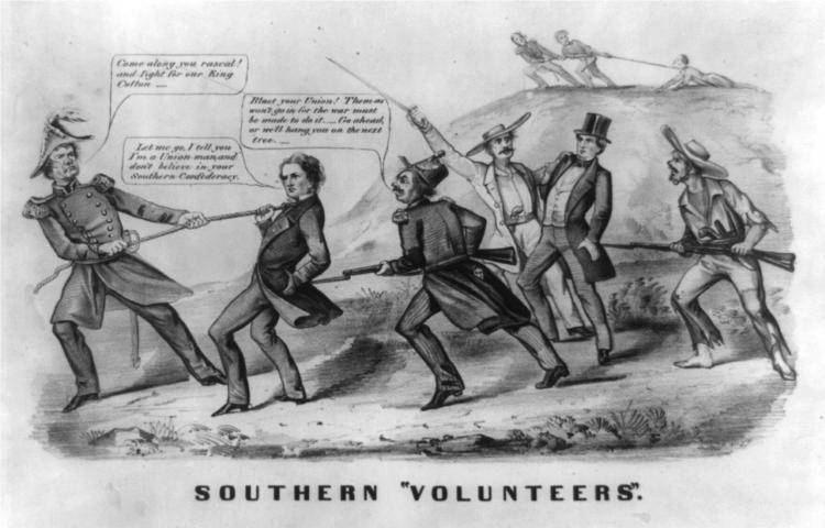 Unionists throughout the Confederate States, including Germans, resisted the imposition of conscription in, 1862 - Currier and Ives