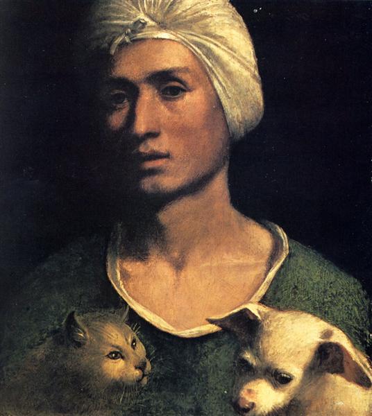 Retrato de um jovem com um cão e um gato - Dosso Dossi
