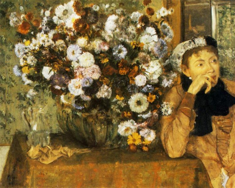 Женщина, сидящая рядом с вазой с цветами, 1865 - Эдгар Дега