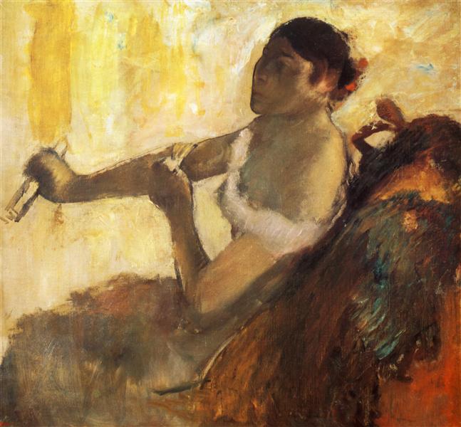 Сидящая женщина натягивает перчатку, 1890 - Эдгар Дега