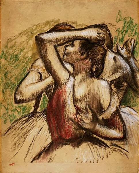 Балерины. Одна из них вт емно-красном корсаже, 1899 - Эдгар Дега