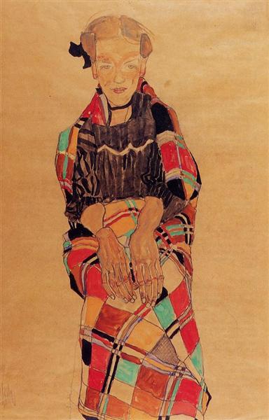 Girl in Black Pinafore, Wrapped in Plaid blanket, 1910 - Эгон Шиле