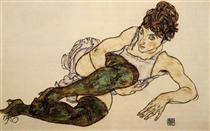 Reclining Woman with Green Stockings (Adele Harms) - Egon Schiele