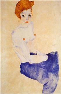 Seated Girl with Bare Torso and Light Blue Skirt - 席勒