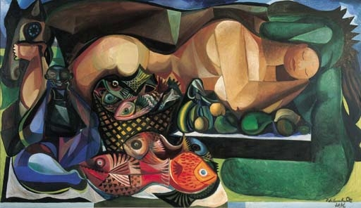 Mulher Deitada com Peixes e Frutas - Emiliano Di Cavalcanti